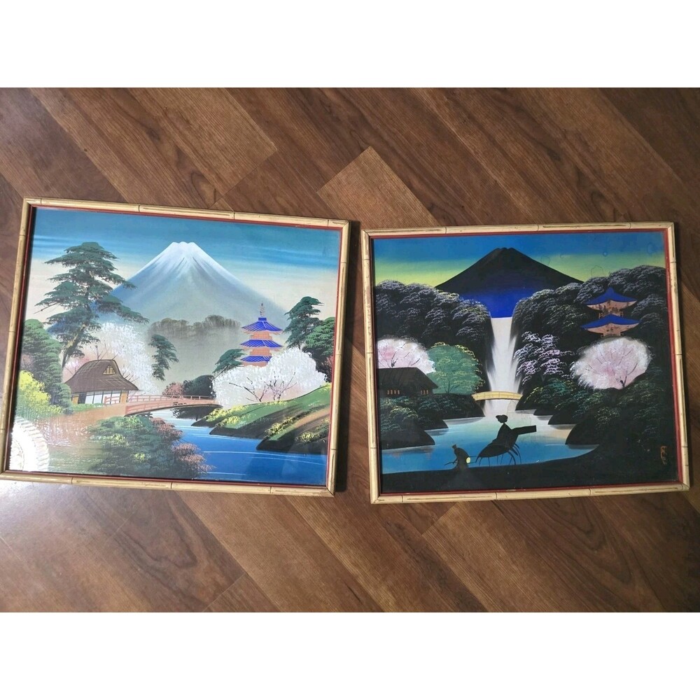 2 Vintage Chinese Waterfall Mountain Paintings on Silk Glass Bamboo Wood Frames